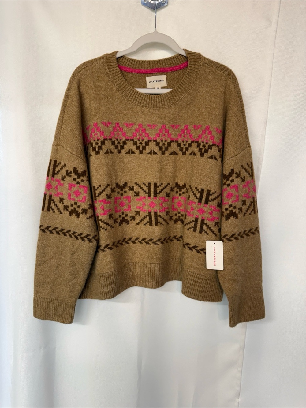NWT Lucky Brand Sweater Crewneck Sz XXL Aztec Southwestern Print Brown Boho